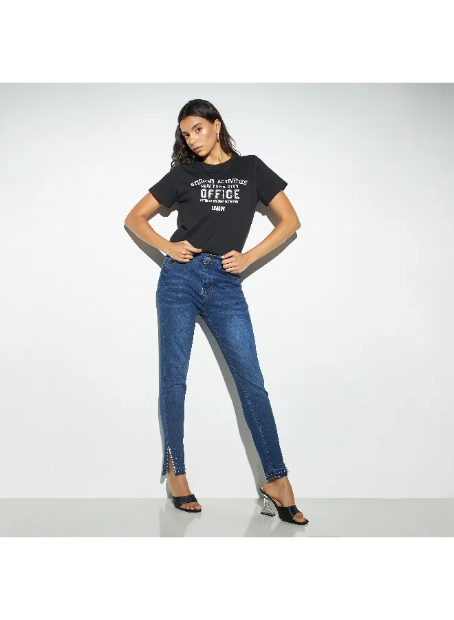 2Xtremz 2Xtremz Typography Embellished Crew Neck T-shirt with Short Sleeves