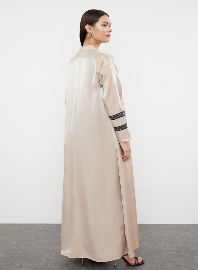 trendyol Beige Embroidered Shiny Long Woven Cap & Abaya & Abaya TCTSS24KF00004 - Image 5