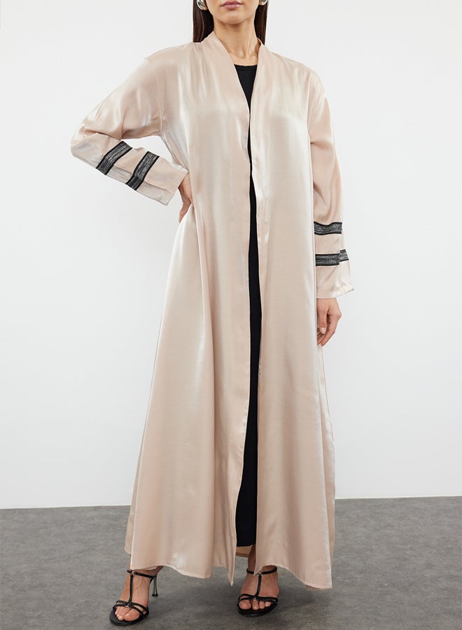trendyol Beige Embroidered Shiny Long Woven Cap & Abaya & Abaya TCTSS24KF00004 - Image 3