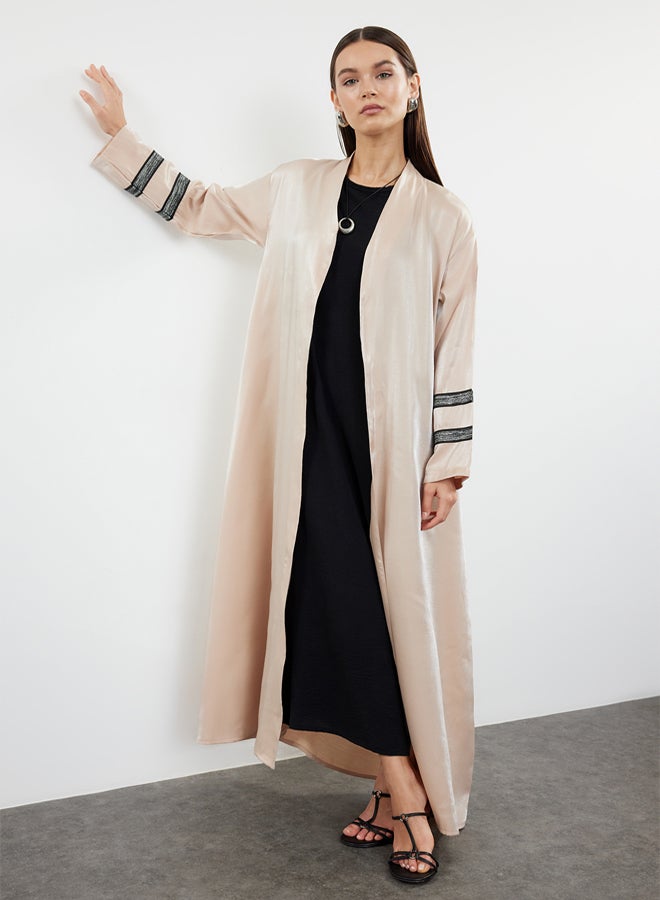 trendyol Beige Embroidered Shiny Long Woven Cap & Abaya & Abaya TCTSS24KF00004 - Image 1