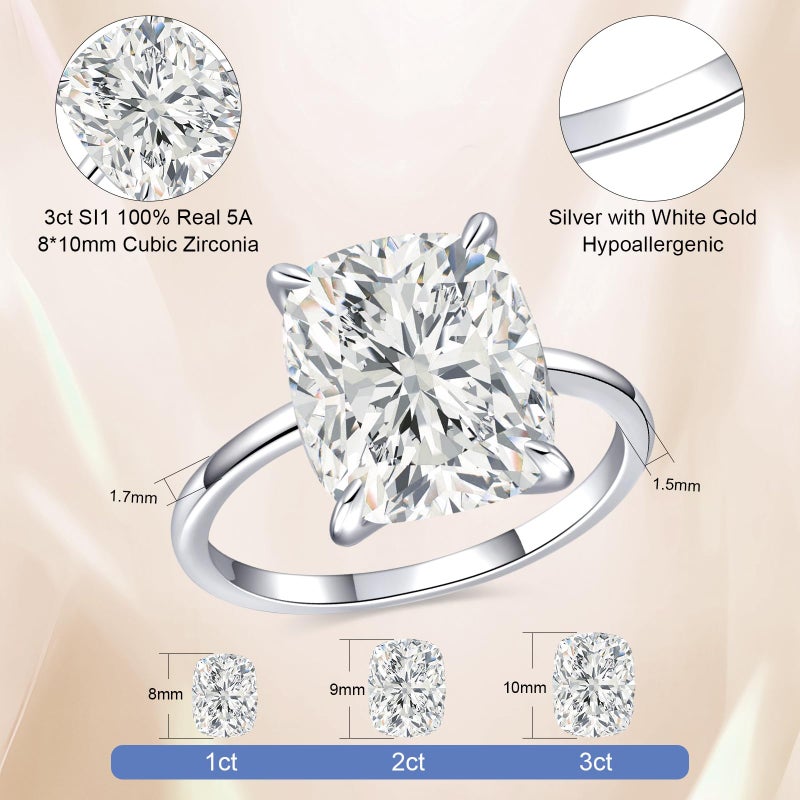 AVECON 3CT Elongated Cushion Cut Engagement Ring for Women, Promise Wedding Cubic Zirconia White Gold Plated Band Size 8 - Image 3