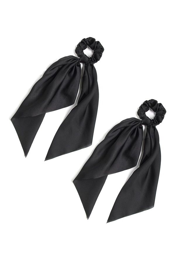 LFOUVRE Pack of 2 Knotted Bow Hair Scrunchies Elastic Hair Scarf Black Hair Ties Bands Satin Hair Ribbon Scrunchy Red Ponytail Holder for Women and Girls (Black) - Image 1