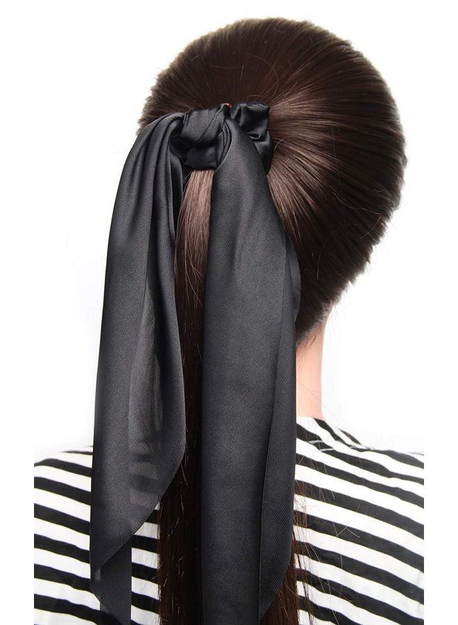 LFOUVRE Pack of 2 Knotted Bow Hair Scrunchies Elastic Hair Scarf Black Hair Ties Bands Satin Hair Ribbon Scrunchy Red Ponytail Holder for Women and Girls (Black) - Image 2