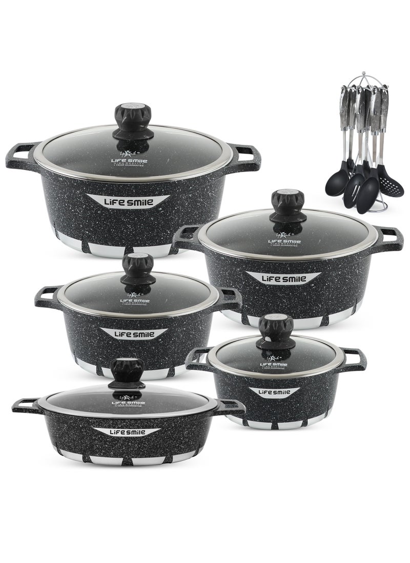 Life Smile Cookware Set 17 pieces - Pots and Pans set Granite Non Stick Coating 100% PFOA FREE, Cooking Set include Casseroles & Shallow Pot & Kitchen Utensils  - Image 1