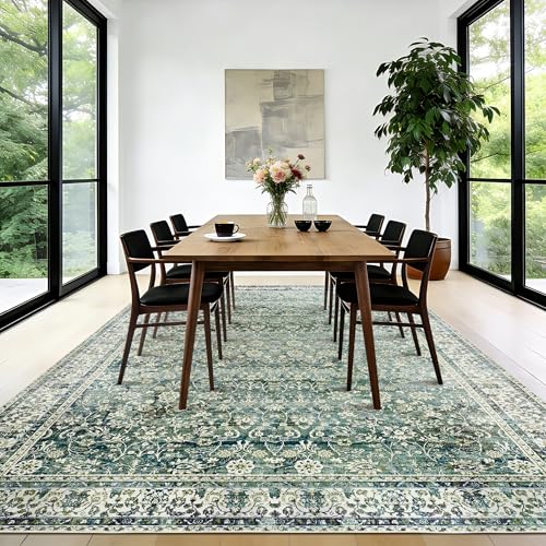 BILEEHOME 9x12 Area Rugs Dark Green Washable Rug for Living Room Big Bedroom Under Bed,Low Pile Soft Non Slip Floral Boho Vintage Extra Large Carpet for Dining Room Under Table,9 by 12,Forest Green - Image 5