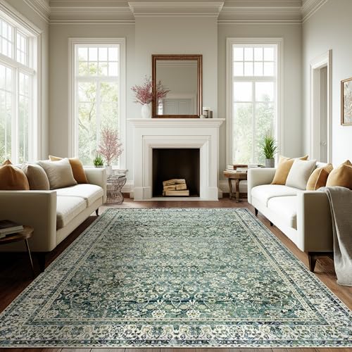 BILEEHOME 9x12 Area Rugs Dark Green Washable Rug for Living Room Big Bedroom Under Bed,Low Pile Soft Non Slip Floral Boho Vintage Extra Large Carpet for Dining Room Under Table,9 by 12,Forest Green - Image 1