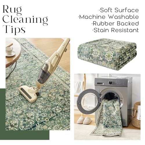 BILEEHOME 9x12 Area Rugs Dark Green Washable Rug for Living Room Big Bedroom Under Bed,Low Pile Soft Non Slip Floral Boho Vintage Extra Large Carpet for Dining Room Under Table,9 by 12,Forest Green - Image 4