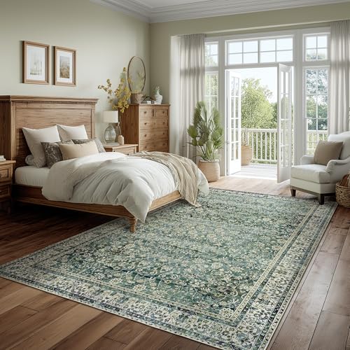 BILEEHOME 9x12 Area Rugs Dark Green Washable Rug for Living Room Big Bedroom Under Bed,Low Pile Soft Non Slip Floral Boho Vintage Extra Large Carpet for Dining Room Under Table,9 by 12,Forest Green - Image 2