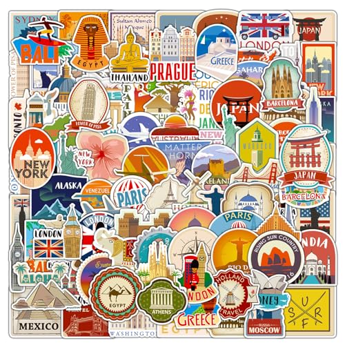 DothRayan 100Pcs World Travel Stickers Pack Vacation Sticker Famous City Landmark Waterproof Vinyl Travel Luggage Stickers for Water Bottle Laptop Scrapbooking Aesthetic Vintage Tourism Decals - Image 1