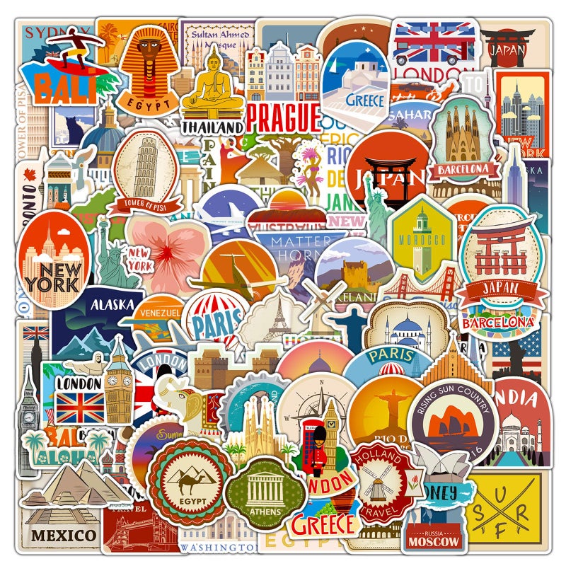 DothRayan 100Pcs World Travel Stickers Pack Vacation Sticker Famous City Landmark Waterproof Vinyl Travel Luggage Stickers for Water Bottle Laptop Scrapbooking Aesthetic Vintage Tourism Decals - Image 2