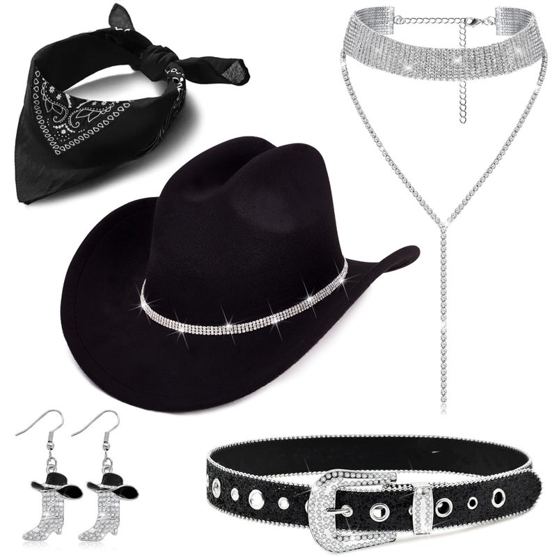MEDOJO Cowboy Costume Outfit for Women Glitter Choker Necklace Cowboy Hat Buckle Belt Accessories Set for Halloween Cosplay Party - Image 1