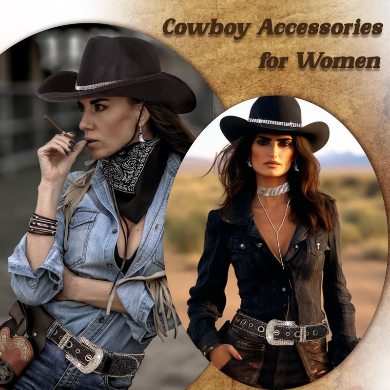 MEDOJO Cowboy Costume Outfit for Women Glitter Choker Necklace Cowboy Hat Buckle Belt Accessories Set for Halloween Cosplay Party - Image 3