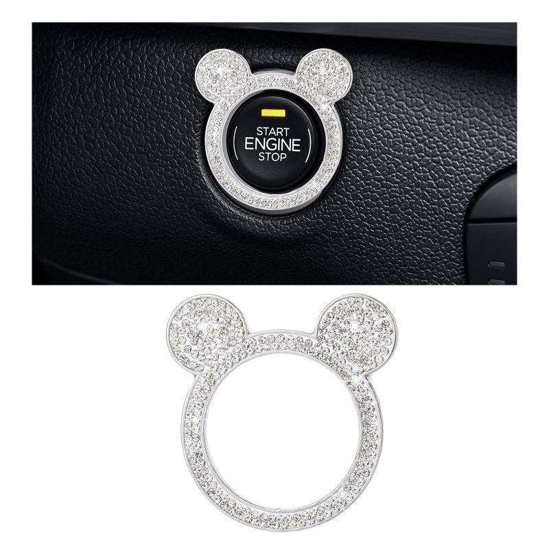 Augeny Bling Car Engine Start Button Cover Rhinestone Key Ignition Knob Ring Sparkling Push to Start Button Sticker for Women Universal Car Accessories for Interior Decoration 1PC White - Image 3