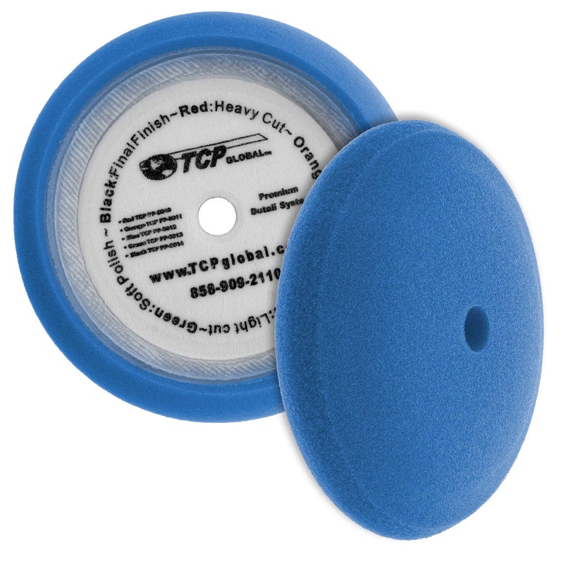 TCP Global TCP Global 8" Blue Medium Foam Grip Pad Light Cut Polish Buff - Hook & Loop  - Image 1