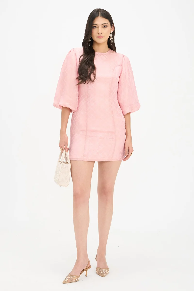 فيرجيو Self Design Viscose Puff Sleeves Mini Dress for Women