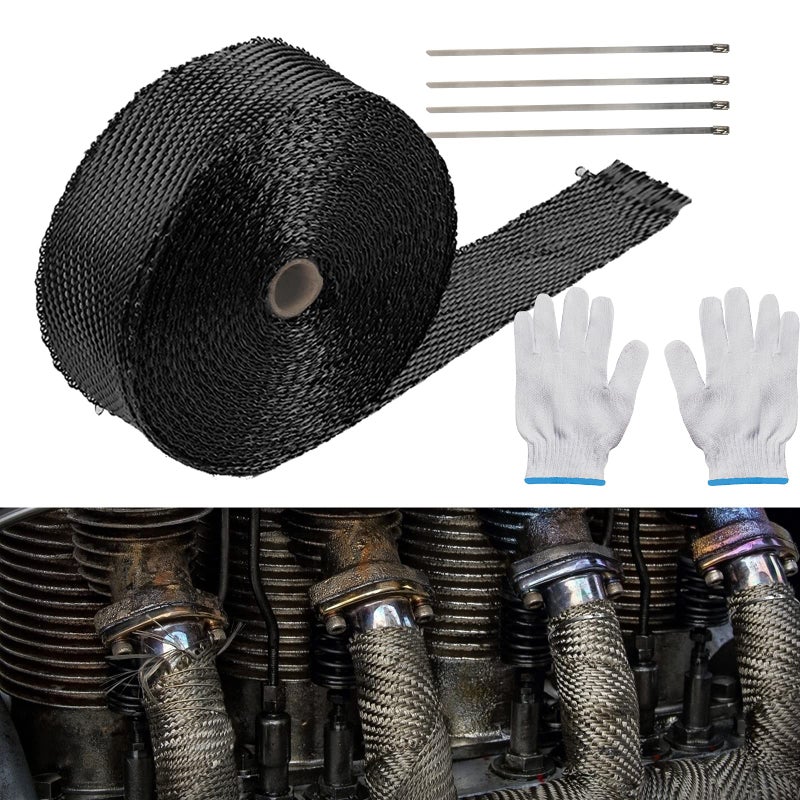 Generic LAMEK 10M*5CM Black Exhaust Tape,Motorbike Heat Wrap Tape Roll Titanium Insulating Tape with 10pcs Cable Ties and A Pair of Nylon Gloves for Car Motorcycle Industry Tractor - Image 1