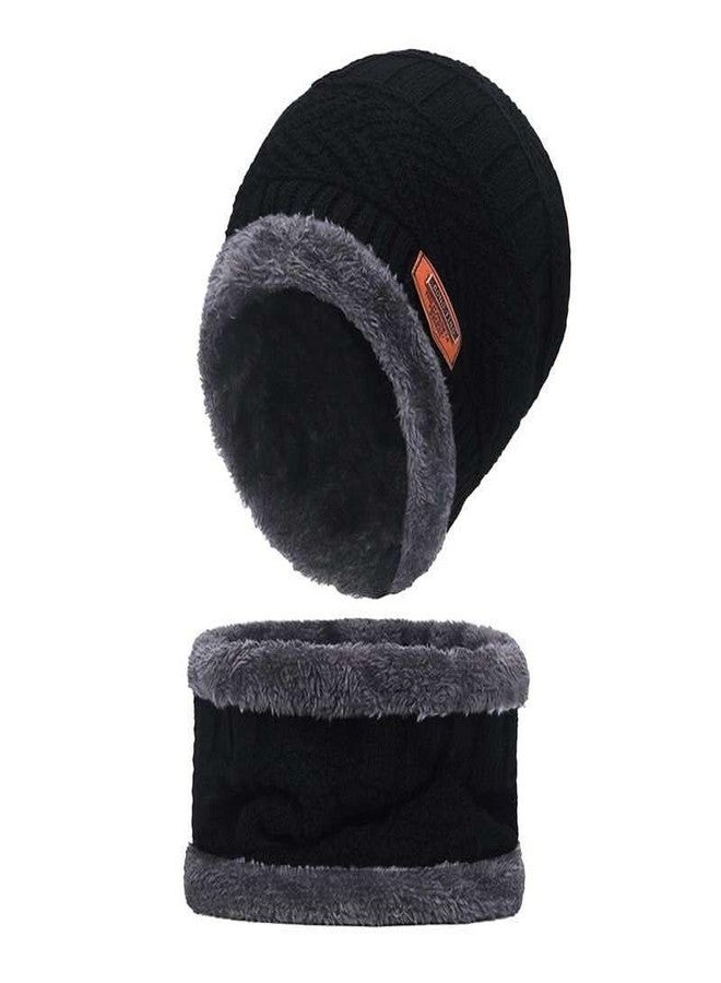 F Y V Unisex Winter Beanie Hat and Neck Warmer Set with Soft Fleece Lining | Thick Knitted Thermal Cap & Scarf Combo | Black and Grey - Image 1