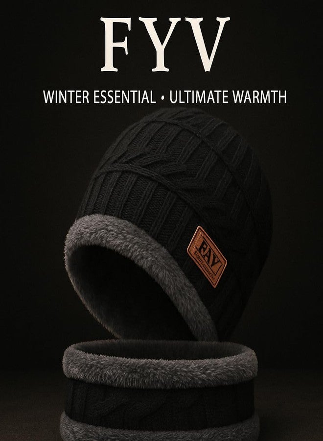F Y V Unisex Winter Beanie Hat and Neck Warmer Set with Soft Fleece Lining | Thick Knitted Thermal Cap & Scarf Combo | Black and Grey - Image 2