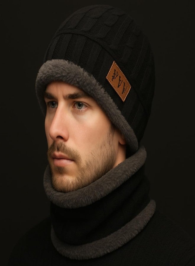 F Y V Unisex Winter Beanie Hat and Neck Warmer Set with Soft Fleece Lining | Thick Knitted Thermal Cap & Scarf Combo | Black and Grey - Image 5