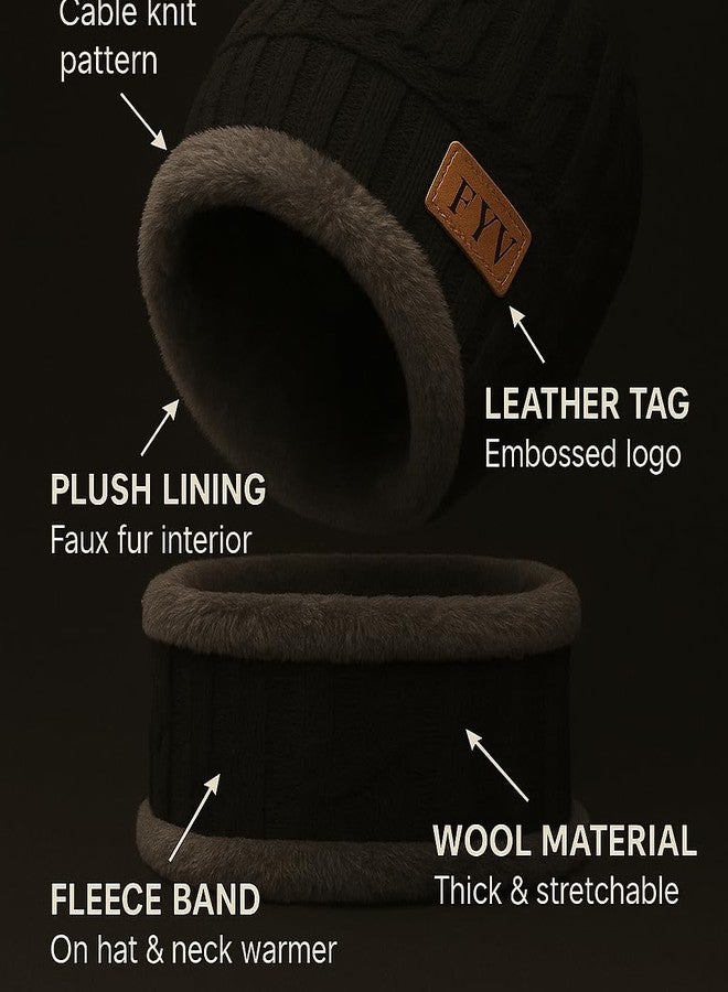 F Y V Unisex Winter Beanie Hat and Neck Warmer Set with Soft Fleece Lining | Thick Knitted Thermal Cap & Scarf Combo | Black and Grey - Image 3