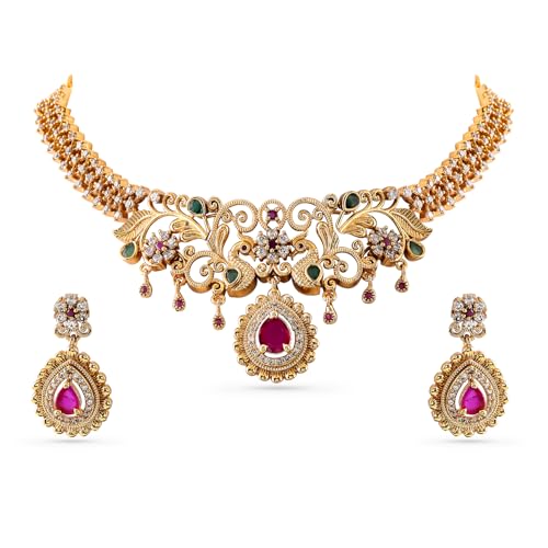 Rubans 22K Gold-Plated Ruby Pink & Emerald Green Cubic Zirconia Studded Handcrafted Necklace & Earrings Set – Perfect for Weddings & Festive Occasions - Image 1