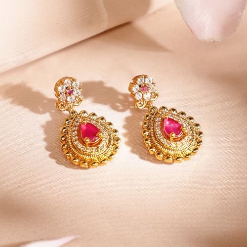 Rubans 22K Gold-Plated Ruby Pink & Emerald Green Cubic Zirconia Studded Handcrafted Necklace & Earrings Set – Perfect for Weddings & Festive Occasions - Image 5