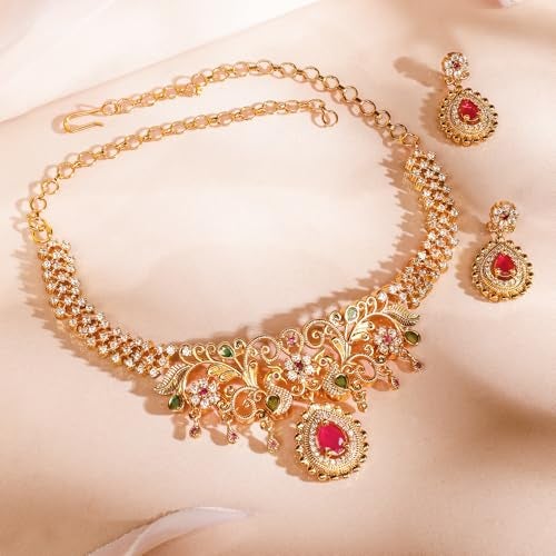 Rubans 22K Gold-Plated Ruby Pink & Emerald Green Cubic Zirconia Studded Handcrafted Necklace & Earrings Set – Perfect for Weddings & Festive Occasions - Image 4