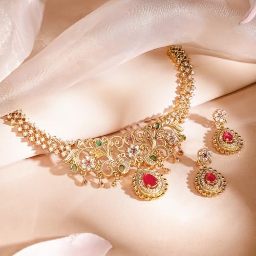 Rubans 22K Gold-Plated Ruby Pink & Emerald Green Cubic Zirconia Studded Handcrafted Necklace & Earrings Set – Perfect for Weddings & Festive Occasions - Image 3