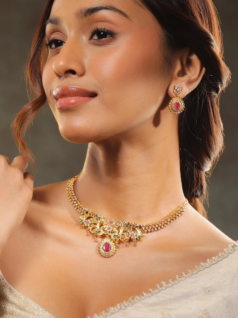 Rubans 22K Gold-Plated Ruby Pink & Emerald Green Cubic Zirconia Studded Handcrafted Necklace & Earrings Set – Perfect for Weddings & Festive Occasions - Image 2