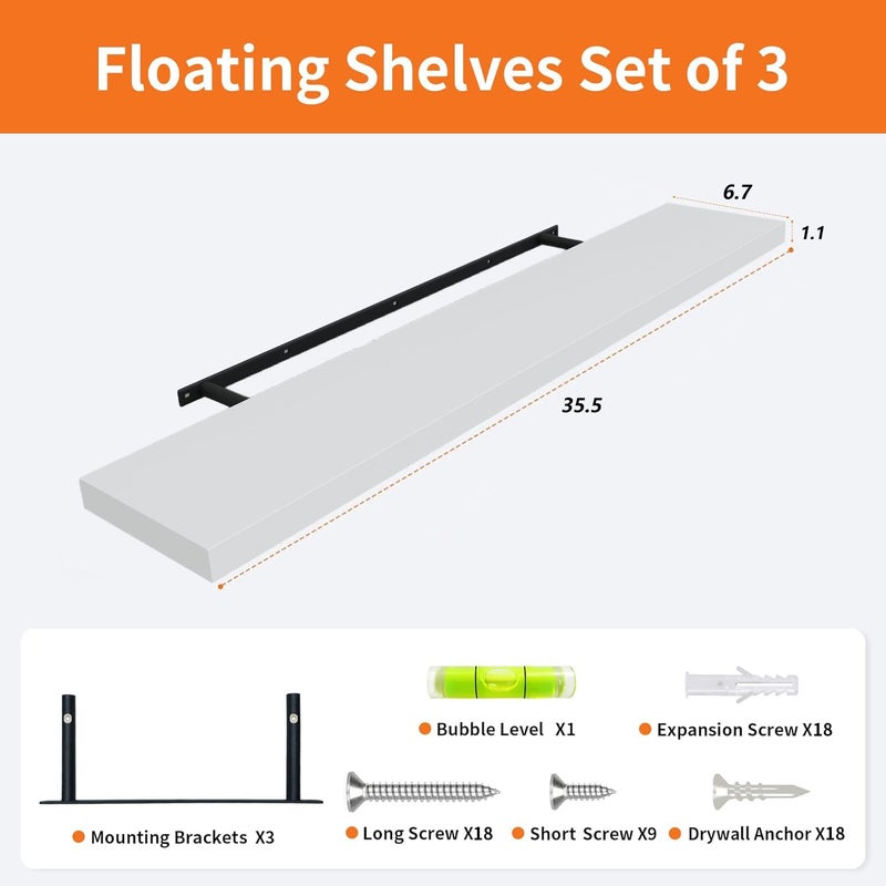 Upassion Floating Shelves for Wall Set of 3, 36" White Wall Shelves for Home Decor, Frame Display White Floating Shelf for Living Room, Bedroom, Bathroom, Kitchen - Image 2