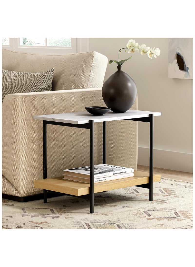 DOOHWAN End Table with 2 Tier Wood Open Shelf, Rectangular Sofa Side Table with Metal Frame and Faux Marble, Bedside Nightstand for Bedroom Living Room Small Space, Natural Oak - Image 1