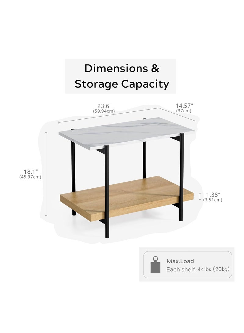 DOOHWAN End Table with 2 Tier Wood Open Shelf, Rectangular Sofa Side Table with Metal Frame and Faux Marble, Bedside Nightstand for Bedroom Living Room Small Space, Natural Oak - Image 2