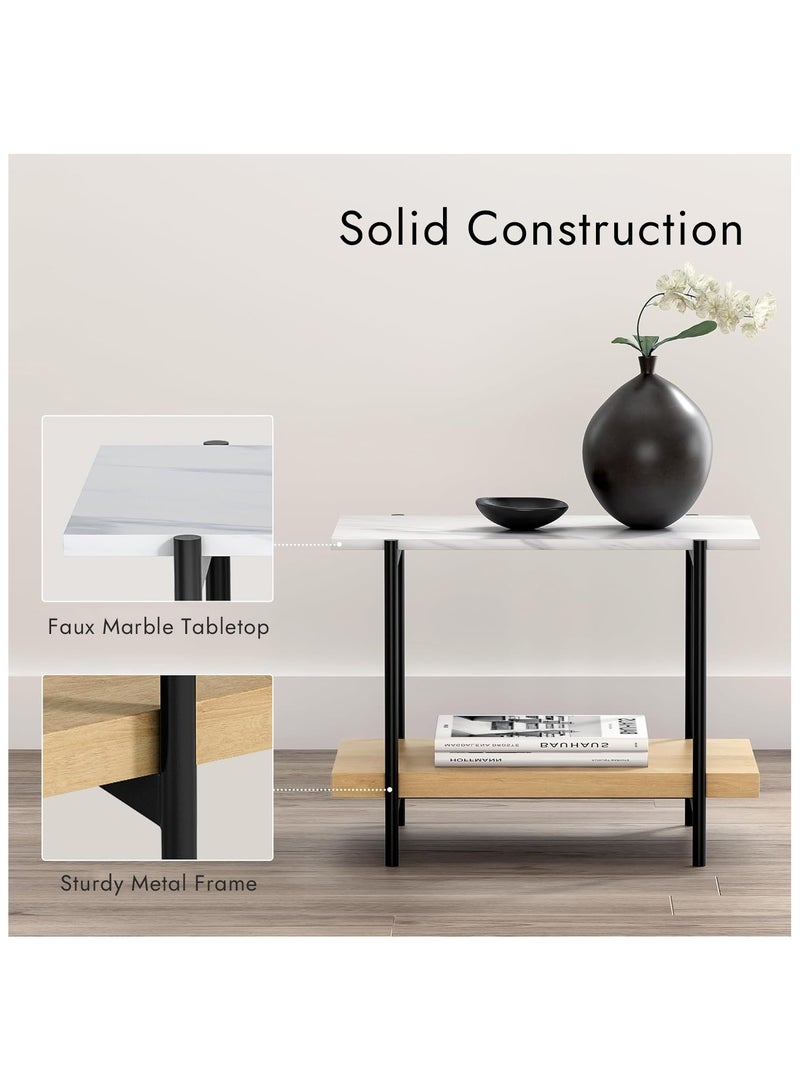 DOOHWAN End Table with 2 Tier Wood Open Shelf, Rectangular Sofa Side Table with Metal Frame and Faux Marble, Bedside Nightstand for Bedroom Living Room Small Space, Natural Oak - Image 3