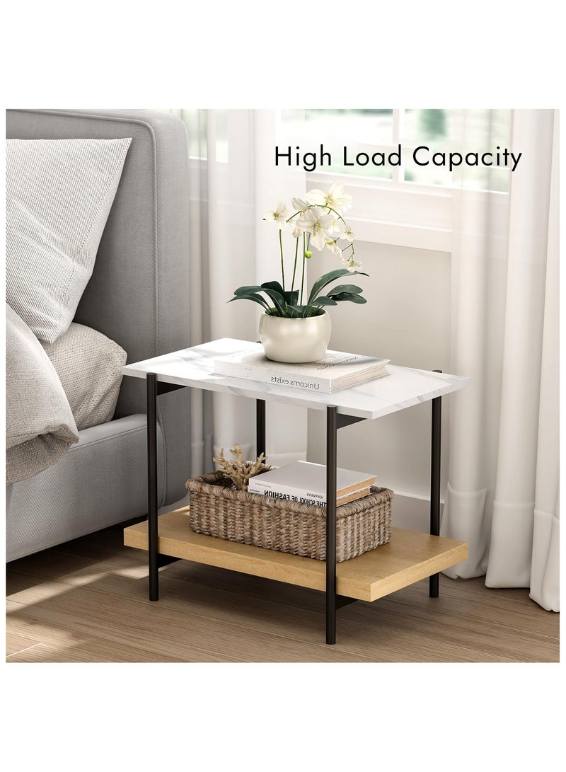 DOOHWAN End Table with 2 Tier Wood Open Shelf, Rectangular Sofa Side Table with Metal Frame and Faux Marble, Bedside Nightstand for Bedroom Living Room Small Space, Natural Oak - Image 4