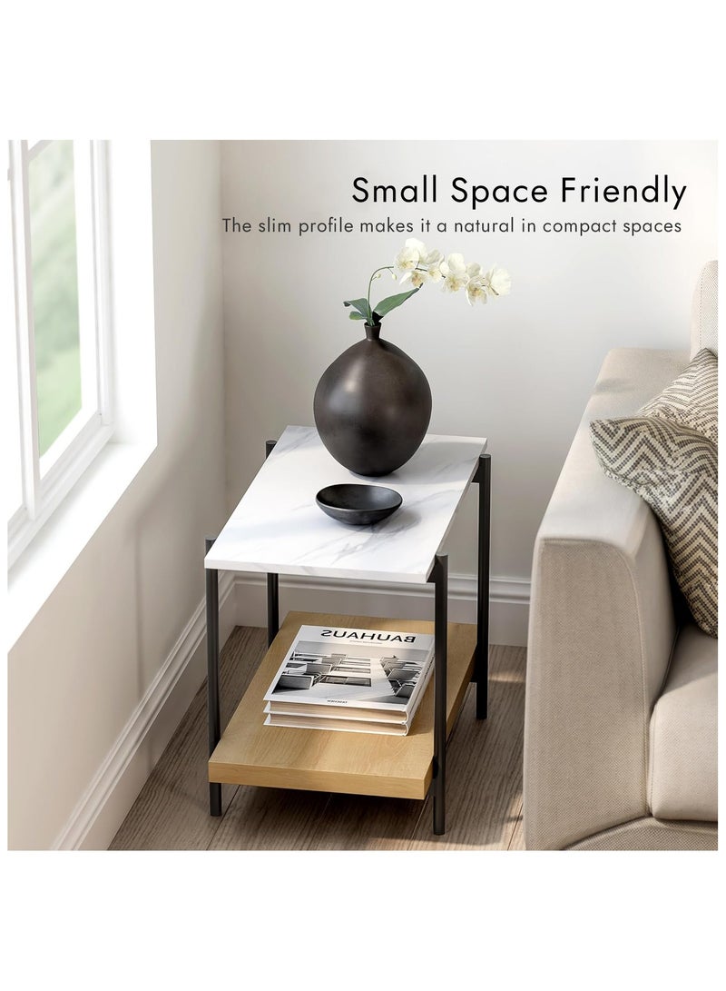 DOOHWAN End Table with 2 Tier Wood Open Shelf, Rectangular Sofa Side Table with Metal Frame and Faux Marble, Bedside Nightstand for Bedroom Living Room Small Space, Natural Oak - Image 5