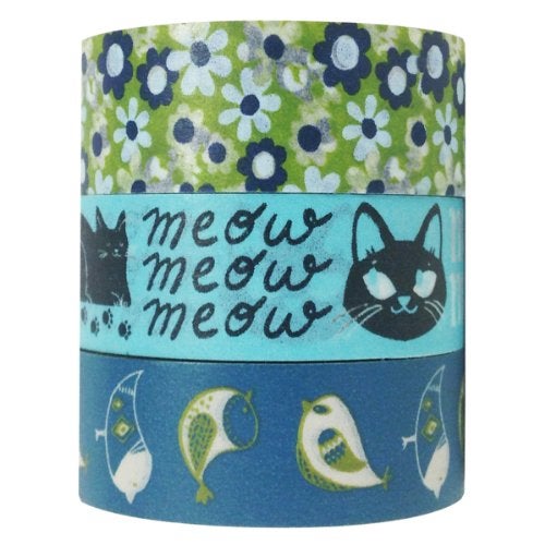 Wrapables Meow Meow Tweet Japanese Washi Masking Tape (Set of 3), 10M L x 15mm W - Image 2
