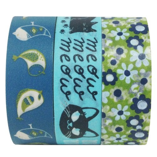 Wrapables Meow Meow Tweet Japanese Washi Masking Tape (Set of 3), 10M L x 15mm W - Image 1
