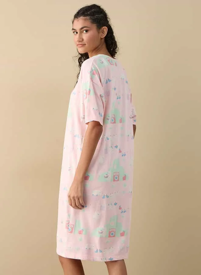 Splash FAV Printed Sleepshirt with Round Neck and Short Sleeves