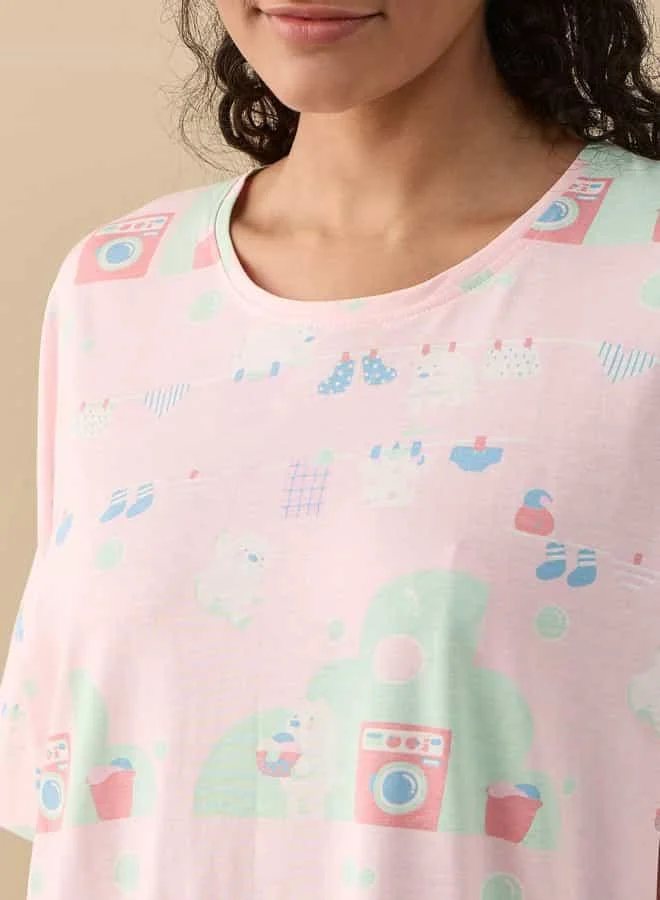 Splash FAV Printed Sleepshirt with Round Neck and Short Sleeves