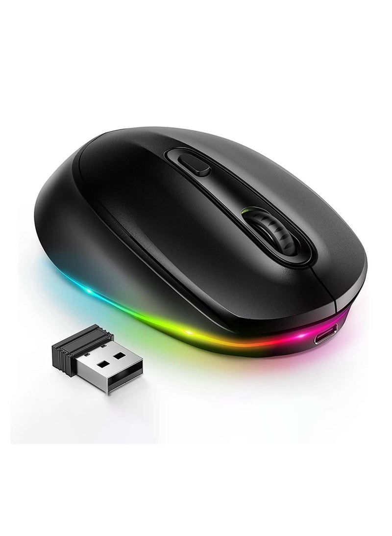 Wireless Mouse, Portable Rechargeable Light Up Mouse, Comfortable Grip Ultra Quiet Mouse, Small Cordless Gaming Mouse With LED Rainbow Lights For Computer Laptop, (1pc, Black) - Image 1
