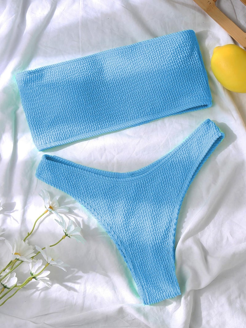YIMISAN Women's Two Piece Bandeau Swimsuit Ribbed Strapless Tube Bikini Top with Mid Waist Cheeky Bottom Bathing Suit Blue - Image 5