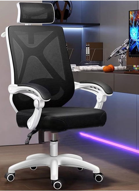 Office Chair Ergonomic Computer Chair Home Office Desk Chair Comfortable Gaming Chairs Swivel Task Chair with Flip-up Armrest and Headrest High Back Mesh Game Chair(White+Black)
