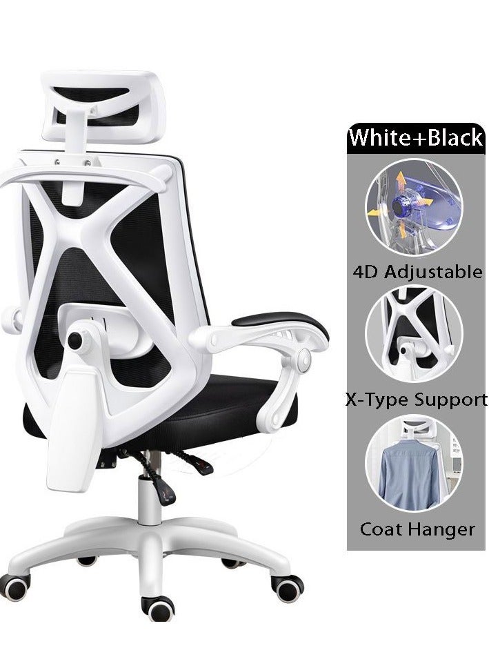 Golden Office Chair Ergonomic Computer Chair Home Office Desk Chair Comfortable Gaming Chairs Swivel Task Chair with Flip-up Armrest and Headrest High Back Mesh Game Chair(White+Black) - Image 4
