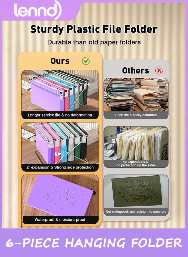 LENND Extra Capacity Legal Size Hanging File Folders,6 Pack Reinforced Plastic Hanging Folder, Heavy Duty 5 cm Expansion, Filing Cabinet Folders for Bulky Files, Medical Charts, Colorful - Image 3