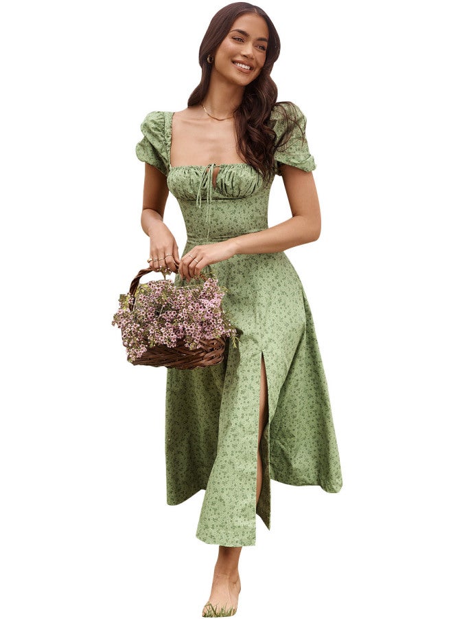 New فستان صيفي نسائي بأكمام منتفخة وطباعة زهور مع فتحة عالية - Image 1