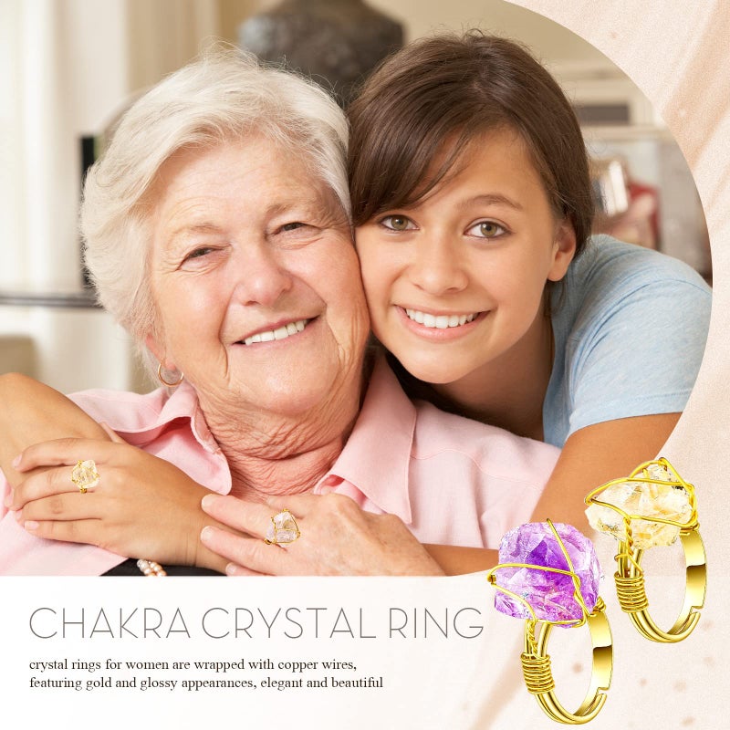 Sureio 12 Pieces Chakra Crystal Ring Healing Crystal Adjustable Gemstone Irregular Stone Rings for Women and Girls Colorful Gem Copper Wire Wrap Ring for Women, Gold Ring - Image 4