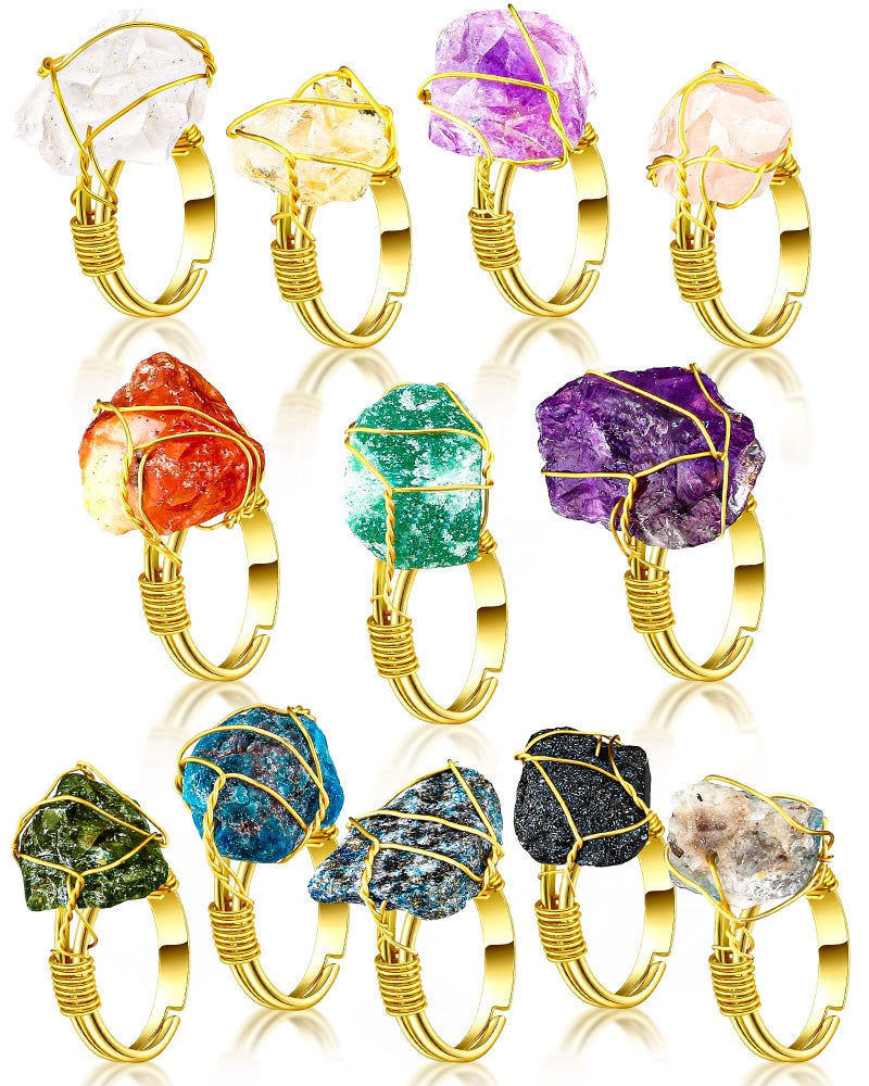 Sureio 12 Pieces Chakra Crystal Ring Healing Crystal Adjustable Gemstone Irregular Stone Rings for Women and Girls Colorful Gem Copper Wire Wrap Ring for Women, Gold Ring - Image 1