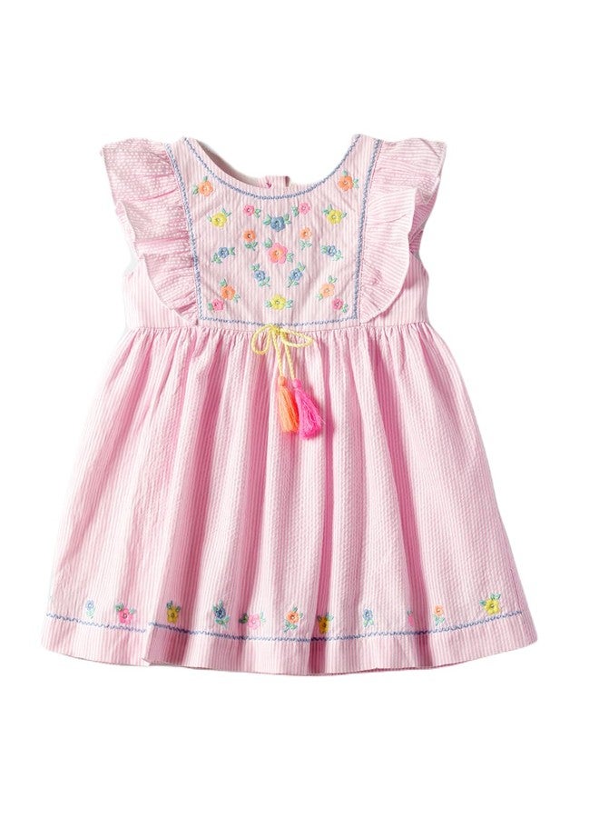 Nautinati Girls Embroidered Ruffled Fit and Flare Dress | Cotton | Age 0-3 Years Pink-White - Image 1
