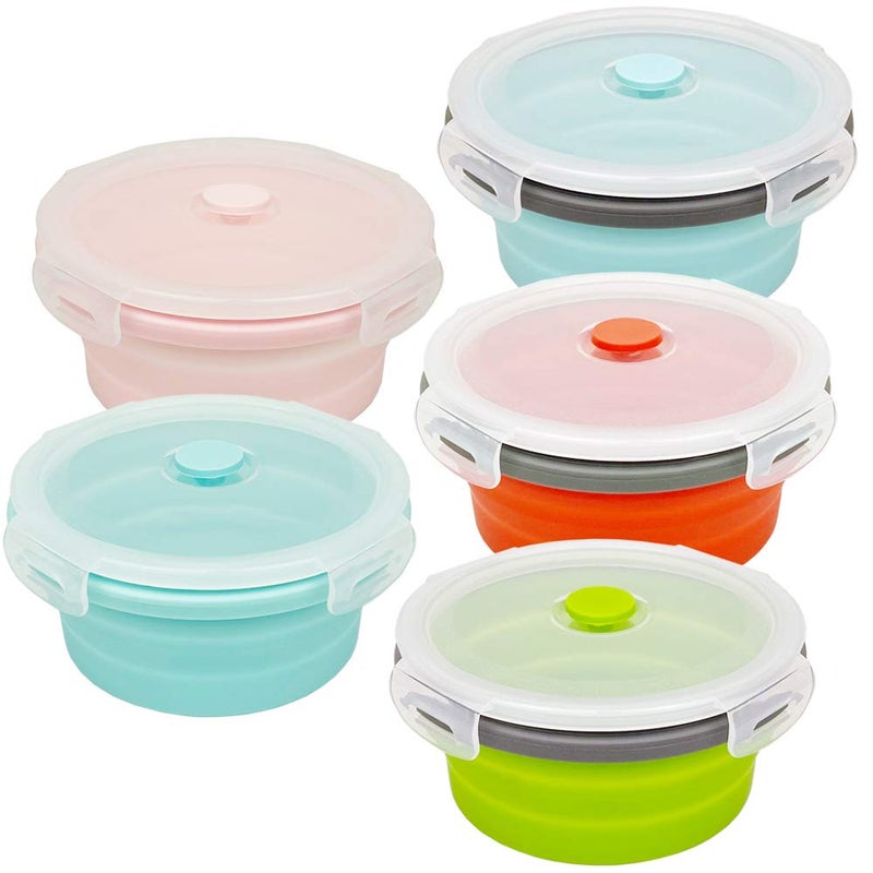 CARTINTS 800ml Silicone Collapsible Food Storage ContainersPrepStorage Bowls with Lids Round Silicone Lunch Containers Microwave and Freezer Safe Set of 5