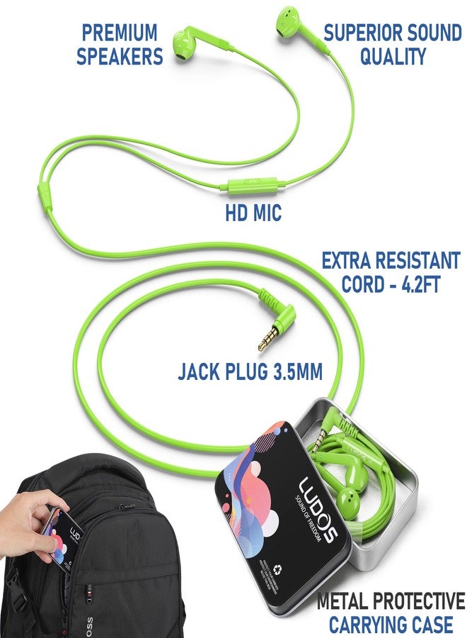LUDOS FEROX Wired Earbuds in-Ear Headphones, 5 Years Warranty, Earphones with Microphone, Noise Isolation Corded for 3.5mm Jack Ear Buds for iPhone, Samsung, Laptop, Kids, School Students - Green - Image 2